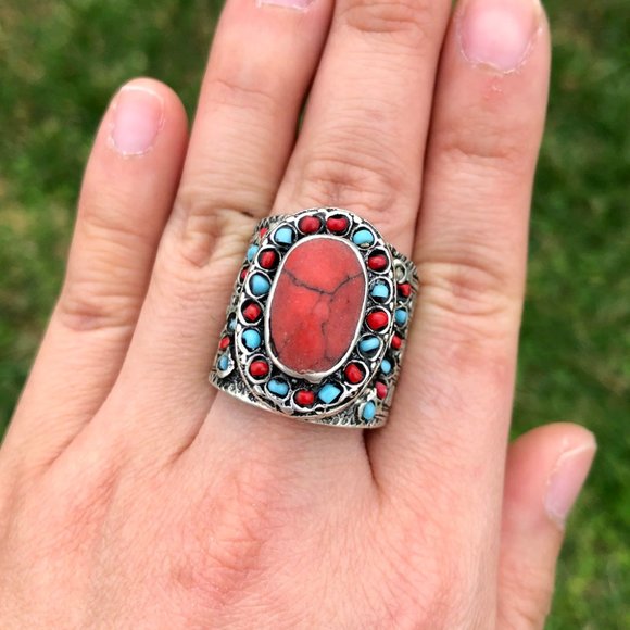 Bohemian Silver Ring with Red and Turquoise Accents - Picture 3 of 3